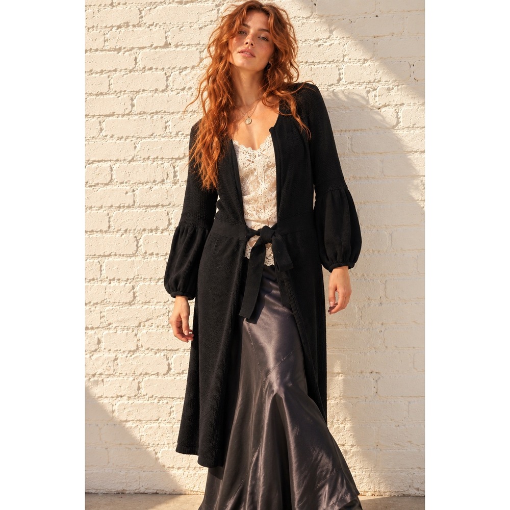 Alfani Black 100% Cotton Knit Tie Waist Puff Sleeve Cardigan Sweater Large